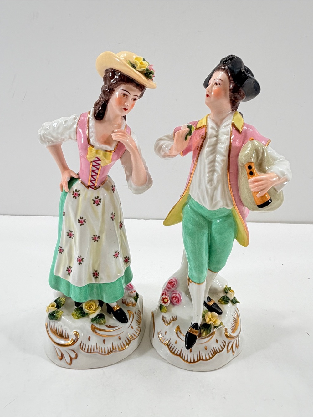 Antique 1920-40s Pair Vista Alegre Porcelain Figurine Dancing Woman Man AS IS